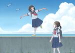  2girls backpack bag bird black_hair blue_sailor_collar blue_skirt blue_sky blunt_ends bob_cut cloud cloudy_sky highres horizon medium_skirt multiple_girls neckerchief ocean open_mouth original outstretched_arms pleated_skirt ponytail profile red_neckerchief sailor_collar school_uniform seagull serafuku shirt shoes short_sleeves skirt sky socks spread_arms standing standing_on_one_leg summer taka_(tsmix) uniform walking white_socks yellow_footwear 