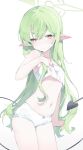  absurdres blue_archive blush bra closed_mouth demon_tail gradient_background green_hair green_halo grey_background halo highres long_hair meunhongcha panties pointy_ears standing sweatdrop tail underwear underwear_only very_long_hair white_bra white_panties yellow_eyes 