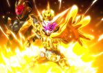  2018 2019 2boys alternate_costume apocalypse arm_up armor aura back-to-back belt black_armor black_footwear black_gloves blue_sky bodysuit boots clenched_hand clock clock_hands commentary_request compound_eyes cowboy_shot dated driver_(kamen_rider) gloves glowing glowing_eyes gold_armor gold_trim grand_zi-o_rider_watch helmet highres horns imminent_fight kamen_rider kamen_rider_555 kamen_rider_agito kamen_rider_agito_(series) kamen_rider_blade kamen_rider_blade_(series) kamen_rider_build kamen_rider_build_(series) kamen_rider_dcd kamen_rider_decade kamen_rider_den-o kamen_rider_den-o_(series) kamen_rider_double kamen_rider_drive kamen_rider_drive_(series) kamen_rider_ex-aid kamen_rider_ex-aid_(series) kamen_rider_faiz kamen_rider_fourze kamen_rider_fourze_(series) kamen_rider_gaim kamen_rider_gaim_(series) kamen_rider_ghost kamen_rider_ghost_(series) kamen_rider_grand_zi-o kamen_rider_hibiki kamen_rider_hibiki_(series) kamen_rider_kabuto kamen_rider_kabuto_(series) kamen_rider_kiva kamen_rider_kiva_(series) kamen_rider_kuuga kamen_rider_kuuga_(series) kamen_rider_ooo kamen_rider_ooo_(series) kamen_rider_ryuki kamen_rider_ryuki_(series) kamen_rider_w kamen_rider_wizard kamen_rider_wizard_(series) kamen_rider_zi-o kamen_rider_zi-o_(series) kamen_rider_zi-o_ouma kamen_rider_zi-o_the_movie:over_quartzer kuuga_riderwatch loincloth long_coat male_focus metal multiple_boys official_alternate_costume open_hand otokamu ouma_zi-o ouma_zi-o_rider_watch pink_eyes powering_up red_eyes rider_belt rider_watch saikyo_zikan_girade shoulder_armor single_horn sky spotlight standing summoning sword throne time_paradox time_travel tokusatsu trait_connection type_tridoron waistcoat weapon ziku_driver 