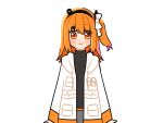  1girl a.i._voice adachi_rei arms_at_sides black_shirt closed_mouth drawstring hair_ornament hair_ribbon headlamp hood hood_down hooded_jacket jacket long_sleeves looking_at_viewer medium_hair one_side_up open_clothes open_jacket orange_eyes orange_hair retsu404 ribbon shirt simple_background smile solo standing straight-on transparent_background turtleneck upper_body utau white_jacket white_ribbon 