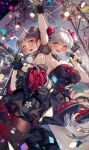  2girls absurdres arm_up azur_lane black_dress black_gloves black_hair black_theme breasts confetti detached_sleeves dress fingerless_gloves formidable_(azur_lane) formidable_(muse)_(azur_lane) gloves grey_hair hair_ribbon heaven&#039;s_melody highres holding holding_microphone horns idol idol_clothes large_breasts layered_dress long_hair microphone multiple_girls noshiro_(azur_lane) noshiro_(muse)_(azur_lane) official_alternate_costume oni ribbon sideboob_cutout stage twintails 