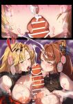  1boy 1girl 2girls bar_censor beatrix_(granblue_fantasy) black_shirt blonde_hair blue_eyes breasts brown_hair censored clothes_lift commentary_request commission cooperative_fellatio cooperative_paizuri cum cum_on_hair ejaculation facial fellatio gloves granblue_fantasy green_eyes hetero highres large_areolae large_breasts large_penis licking licking_penis long_hair mori_shin_risuku multiple_girls nipples open_mouth oral paizuri partially_fingerless_gloves penis ponytail puffy_nipples red_gloves shirt shirt_lift simple_background skeb_commission speech_bubble sweat tongue tongue_out zeta_(granblue_fantasy) 
