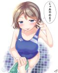  1boy blue_eyes blush brown_hair competition_swimsuit looking_at_viewer love_live! love_live!_sunshine!! necktie one-piece_swimsuit short_hair simple_background smile swimsuit thighs totsumotsu watanabe_you 