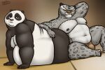 2023 anthro bear bedroom_eyes belly big_belly black_and_white_fur claws clothed clothing dreamworks duo fangs felid fur giant_panda half-closed_eyes hand_behind_head hi_res kung_fu_panda lying male mammal markings master_po_ping morbidly_obese morbidly_obese_anthro morbidly_obese_male mouth_closed narrowed_eyes navel nipples nude obese obese_anthro obese_male on_front overweight overweight_anthro overweight_male oystercatcher7 pantherine pecs pose seductive signature sitting snow_leopard spots spotted_body spotted_fur tai_lung_(kung_fu_panda) teeth thong thong_only topless underwear underwear_only whiskers