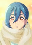  1girl blue_hair blurry blurry_background brown_scarf commentary earrings hair_between_eyes highres jewelry lips looking_at_viewer love_live! love_live!_superstar!! parted_lips red_eyes sano_keiichi scarf short_hair single_sidelock solo straight-on stud_earrings upper_body wakana_shiki yellow_background 