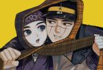  1boy 1girl ainu ainu_clothes asirpa black_hair blue_eyes brown_eyes cheek-to-cheek commentary golden_kamuy grin hat headband heads_together japanese_clothes kimono korean_commentary long_hair looking_at_another military_hat military_uniform open_mouth purple_headband purple_kimono scar scar_on_face scarf shared_clothes shared_scarf short_hair smile spiked_hair sugimoto_saichi uniform upper_body yellow_background yellow_scarf yongsa_(y0ngs4) 