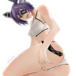  :d arms_at_sides artist_name bad_id bad_twitter_id bare_arms bare_shoulders bikini blush breasts cleavage cropped_legs eyepatch fingernails from_below headgear highres ikuyoan kantai_collection large_breasts looking_at_viewer looking_down open_mouth purple_hair round_teeth short_hair simple_background smile solo swimsuit teeth tenryuu_(kantai_collection) v-shaped_eyebrows white_background white_bikini yellow_eyes 