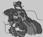 animate_inanimate anthro babydoll_(bigwetslapper) bigwetslapper canid canine canis chest_tuft clown_(bigwetslapper) cuddling domestic_dog duo fluffy fluffy_tail furniture half_clothed hi_res hybrid lagomorph male mammal monochrome mustelid musteline neck_tuft on_sofa paws seam_(sewing) sitting sitting_on_sofa sofa tail true_musteline tuft weasel whiskers