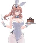  1girl absurdres animal_ears blue_eyes blush bow bowtie breasts brown_hair cake cake_slicer chocolate_cake covered_navel detached_collar fake_animal_ears food hair_between_eyes high_side_ponytail highres kantai_collection large_breasts leotard long_hair looking_at_viewer odachu pantyhose playboy_bunny ponytail rabbit_ears saratoga_(kancolle) side_ponytail smile solo strapless strapless_leotard traditional_bowtie tray white_leotard white_pantyhose wrist_cuffs 