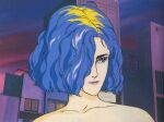  1980s_(style) 1girl blue_eyes blue_hair building character_request cloud dusk key_visual megazone_23 multicolored_hair official_art pink_lips production_art promotional_art retro_artstyle scan science_fiction traditional_media umetsu_yasuomi upper_body window 