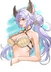  1girl bare_shoulders bikini breasts cleavage criss-cross_halter cropped_torso double_bun granblue_fantasy hair_bun hair_ornament halterneck hand_on_own_hip medium_breasts mika_(gbf) open_mouth purple_eyes purple_hair satyr_(granblue_fantasy) smile solo star_(symbol) star_hair_ornament swimsuit twintails upper_body yellow_bikini 