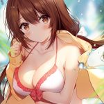  1girl arm_under_breasts bangs bare_shoulders blue_sky blurry blurry_background blush breasts brown_eyes brown_hair cleavage closed_mouth cloud collarbone day hair_between_eyes hand_up large_breasts long_hair looking_at_viewer necomi off_shoulder open_parka outdoors parka sidelocks sky smile solo yumina_kisaragi 