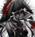  1girl ani_019 arlecchino_(genshin_impact) arlecchino_(majo_to_hyakkihei) black_eyes black_hair black_veil breasts flower genshin_impact gloves highres holding holding_rosary long_hair looking_at_viewer open_mouth red_nails rosary rose teeth veil 