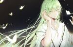 1other androgynous black_background bug butterfly collarbone enkidu_(fate) fate/grand_order fate_(series) glowing green_eyes green_hair hair_between_eyes highres long_hair rihuajiong robe short_sleeves smile solo toga very_long_hair white_robe wide_sleeves 