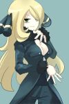  1girl black_coat blonde_hair breasts cleavage closed_mouth coat cowboy_shot cynthia_(pokemon) fingernails fur-trimmed_sleeves fur_collar fur_trim green_eyes hair_ornament hand_up highres koike3582 light_blue_background long_hair long_sleeves medium_breasts pokemon pokemon_dppt simple_background smile solo very_long_hair 
