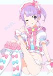  1girl ;p ass blue_bow blunt_bangs bow closed_mouth feet_out_of_frame hand_up highres knees_up looking_at_viewer maid_headdress manaka_non manaka_non_(normal) no_pants one_eye_closed panties pink_background pink_bow pretty_series pripara puffy_short_sleeves puffy_sleeves purple_eyes purple_hair shirt short_hair short_sleeves side_ponytail sitting smile socks solo tongue tongue_out tulaca_(pixiv) underwear white_panties white_shirt white_socks wrist_cuffs 