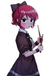  1girl black_eyes blush bow center_frills collared_dress commentary dress drumsticks freckles frills h2co3_vv hair_bow highres kim_pine looking_at_viewer neck_ribbon open_mouth ponytail red_hair ribbon scott_pilgrim_(series) short_hair short_sleeves solo sweat wrist_cuffs 