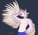 ambiguous_gender anthro avali avian blep bottomwear clothing digital_media_(artwork) feathers finnytay half-length_portrait hi_res kerolink male navel pants pink_body pinup portrait pose purple_eyes solo tongue tongue_out