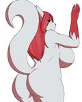  2016 anthro anthrofied big_breasts big_butt black_nose breasts butt fan_character female fur green_eyes hair half-closed_eyes huge_breasts long_hair looking_at_viewer looking_back nintendo nude pok&eacute;mon pok&eacute;morph raised_tail rear_view red_fur red_hair side_boob smile solo thick_thighs video_games white_fur wide_hips xehta13 zangoose zena_gracidea 
