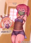  bdsm bondage bound cloth_gag gag gagged glasses highres improvised_gag kobayashi-san_chi_no_maidragon kobayashi_(maidragon) mummification_(bound) negi_(liquidu) over_the_nose_gag red_hair rope school_swimsuit shibari swimsuit tohru_(maidragon) 