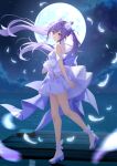  1girl bare_legs bare_shoulders breasts commentary dress earrings flower full_body full_moon genshin_impact gloves grin hair_flower hair_ornament highres jewelry keqing_(genshin_impact) long_hair looking_at_viewer moon night night_sky outdoors purple_eyes purple_hair shoes short_dress sky small_breasts smile solo standing twintails tyenka7728 very_long_hair water white_dress white_flower white_gloves 