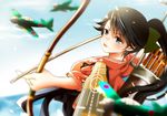  aiming aircraft airplane arrow bad_id bad_pixiv_id black_hair blue_eyes bow_(weapon) cloud cloudy_sky commentary_request day drawing_bow eyebrows eyebrows_visible_through_hair flight_deck hakama holding holding_arrow holding_bow_(weapon) holding_weapon houshou_(kantai_collection) japanese_clothes kantai_collection kimono long_hair open_mouth outstretched_arm ponytail sheepd sky solo upper_body weapon 