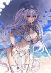  13addendum 1girl ahoge bare_shoulders beach bikini breasts cleavage fate/grand_order fate_(series) frilled_bikini frills grin highres lady_avalon_(fate) lady_avalon_(second_ascension)_(fate) large_breasts long_hair looking_at_viewer merlin_(fate/prototype) navel parasol pointy_ears purple_eyes shore smile solo swimsuit thighs twintails umbrella very_long_hair white_bikini white_hair 