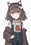  1girl ahoge animal_ear_fluff animal_ears black_choker black_hairband black_vest brown_coat brown_hair cat_ears cat_girl choker closed_mouth coat flower grey_background grey_eyes hair_between_eyes hairband hand_on_own_hip highres jacket kurioshi_fio looking_at_viewer original revision satou_(3366_s) shirt short_hair solo upper_body vest white_flower white_shirt 