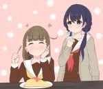 2girls :t ^_^ aojiru_(nigaino1818) artistic_error blue_eyes blue_hair blue_ribbon blunt_bangs blush braid brown_cardigan brown_dress brown_hair cardigan center-flap_bangs chewing closed_eyes collarbone commentary dark_blue_hair dotted_background dress food hair_ribbon hand_on_own_cheek hand_on_own_chest hand_on_own_face hasu_no_sora_school_uniform heart highres holding holding_spoon kachimachi_kosuzu ketchup link!_like!_love_live! long_hair long_sleeves looking_at_another love_live! low_twintails multiple_girls murano_sayaka neckerchief omelet omurice open_cardigan open_clothes pink_background plate red_neckerchief ribbon sailor_collar sailor_dress school_uniform side_ahoge side_braids spoon straight_hair symbol-only_commentary table twintails virtual_youtuber white_sailor_collar winter_uniform yellow_neckerchief 