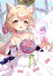  1girl :d alloces_(angelic_link) angelic_link animal_ear_fluff animal_ears bare_shoulders bell blue_flower blush bouquet bow braid collarbone commentary_request cross-shaped_pupils detached_sleeves dress flower frilled_dress frills glaze_artifacts gloves hair_between_eyes hair_bun holding holding_bouquet light_brown_hair long_hair long_sleeves looking_at_viewer penis pink_bow pink_flower pink_rose purple_flower red_eyes rose siera_(sieracitrus) smile solo strapless strapless_dress symbol-shaped_pupils tail very_long_hair white_dress white_gloves white_sleeves window 