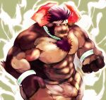 abs accessory anthro bovid bovine bracelet brown_body brown_fur bulge cattle clothed clothing collar fur headband horn hunmut jewelry lifewonders live_a_hero male mammal muscular muscular_anthro muscular_male nipples obsidius pecs solo topless