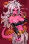  1girl android_21 baggy_pants black_nails black_sclera black_tube_top bracelet breasts choker colored_sclera colored_skin dragon_ball dragon_ball_(object) dragon_ball_fighterz highres jewelry long_hair majin_android_21 pants pink_skin pointy_ears saiykik solo strapless tail tongue tongue_out tube_top white_hair yellow_choker 