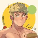  1boy :t artist_name blonde_hair bowl brown_eyes chewing closed_mouth dungeon_meshi food food_on_face hand_up highres holding holding_bowl laios_touden looking_at_viewer male_focus niphobes short_hair solo toned toned_male undercut upper_body very_short_hair yellow_background 