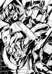  autobot dated decepticon glowing greyscale kamizono_(spookyhouse) machine machinery mecha megatron monochrome multiple_boys no_humans open_mouth optimus_prime personification robot science_fiction standing transformers transformers_armada twitter_username 