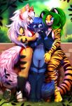  absurd_res anthro anthro_on_anthro blep bloominglynx blue_body blue_eyes blue_fur blue_hair blurred_background blush bottomwear clothed clothing featureless_crotch felid female fur glistening glistening_eyes grass green_hair green_pawpads grin group hair hi_res horn inner_ear_fluff male male/female mammal markings nude one_eye_closed open_mouth open_smile outside pantherine pawpads plant red_bottomwear red_clothing red_eyes red_horn red_topwear smile species_request standing striped_arms striped_legs striped_markings striped_tail stripes tail tail_markings tiger tongue tongue_out topwear trio tuft white_body white_fur white_hair white_inner_ear_fluff yellow_body yellow_fur 