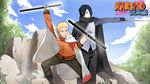  bandage black_hair blonde_hair copyright_name dual_wielding escrima_stick facial_mark full_body male_focus multiple_boys naruto outdoors outdors poncho short_hair standing tree uchiha_sasuke uzumaki_naruto 