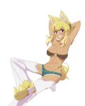  1girl animal_ear_fluff animal_ears arms_behind_head arms_up belt_bra blonde_hair blue_eyes blush boots breasts commentary dark-skinned_female dark_skin extra_ears eyelashes foot_out_of_frame hair_ornament hair_scrunchie large_breasts leaning_back liru long_hair maidforge navel paid_reward_available ponytail renkin_san-kyuu_magical_pokaan scrunchie sharp_teeth short_shorts shorts sidelocks simple_background sitting smile solo swept_bangs tail teeth thigh_boots torn_clothes torn_shorts white_background wolf_ears wolf_girl wolf_tail 