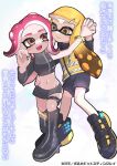  agent_4_(splatoon) agent_8_(splatoon) black_bodysuit blonde_hair bodysuit high-visibility_vest highres inkling inkling_girl inkling_player_character jacket large_shoes octoling octoling_girl octoling_player_character panu red_eyes red_hair shoes sleeveless sleeveless_bodysuit splatoon_(series) splatoon_2 splatoon_2:_octo_expansion suction_cups tentacle_hair vest yellow_eyes yellow_jacket yellow_vest 