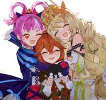  3girls :d ^_^ absurdres anna_(fire_emblem) black_gloves blonde_hair blue_dress blunt_bangs bow celine_(fire_emblem) closed_eyes commentary commission dress earrings facial_mark facing_viewer fire_emblem fire_emblem_engage gloves green_bow hair_rings heart highres hortensia_(fire_emblem) hug jewelry juliet_sleeves long_hair long_sleeves mariirasuto7 multicolored_hair multiple_girls open_mouth pink_hair puffy_sleeves red_hair simple_background smile streaked_hair striped_clothes striped_dress upper_body very_long_hair white_background 