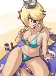  1girl absurdres alternate_costume beach_towel bikini blonde_hair blue_bikini blue_eyes blue_nails bracelet breasts cleavage crown earrings english_commentary eyelashes food food_in_mouth hair_over_one_eye highres holding holding_food holding_popsicle jewelry long_hair looking_at_viewer lotion mario_(series) moxydraws navel popsicle popsicle_in_mouth rosalina sand sitting solo star_(symbol) star_earrings sunscreen swimsuit towel 