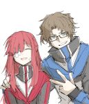  1boy 1girl bandaid bandaid_on_cheek bandaid_on_face blue_jacket brown_hair closed_eyes gauze_over_eye glasses green_eyes hand_on_another&#039;s_shoulder hopkins_(project_moon) jacket kankan33333 limbus_company long_hair project_moon red_hair red_jacket short_hair sidelocks simple_background smile v white_background yuri_(project_moon) 