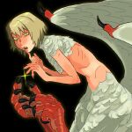  1girl black_background blonde_hair blue_pupils centauroid claws diansakhu dragon_girl dungeon_meshi english_commentary falin_touden falin_touden_(chimera) feathered_wings feathers finger_to_own_chin fingernails glint hands_up highres looking_at_viewer monster_girl open_mouth sharp_fingernails short_hair simple_background slit_pupils spoilers taur upper_body wings yellow_eyes 