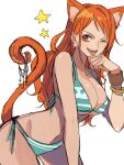  1girl animal_ear_fluff animal_ears aqua_bikini bikini bracelet breasts cat_ears cat_girl cat_tail cleavage commentary earrings extra_ears highres jewelry kurage20001 large_breasts looking_at_viewer nami_(one_piece) naughty_face one_eye_closed one_piece open_mouth orange_eyes orange_hair pearl_earrings smile solo star_(symbol) swimsuit symbol-only_commentary tail teeth upper_teeth_only 