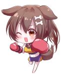  1girl animal_ears barefoot blush bone_hair_ornament boxing_gloves breasts brown_eyes brown_hair chibi collar dog_ears dog_tail full_body gloves hair_between_eyes hair_ornament hololive incoming_attack incoming_punch inugami_korone large_breasts long_hair looking_at_viewer navel no_nose open_mouth paw_ornament punching purple_shorts red_gloves sakura_(kasupi) short_shorts shorts smile solo sports_bra standing standing_on_one_leg tail virtual_youtuber yellow_shorts yellow_sports_bra 
