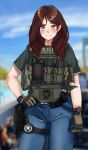  1girl black_shirt blue_pants blue_sky blurry blurry_background blush brown_eyes brown_gloves brown_hair closed_mouth cloud commentary day denim english_commentary gloves gun hand_on_own_hip highres holster jeans jizi load_bearing_vest medium_hair mole mole_under_mouth original outdoors pants police police_uniform policewoman shirt short_sleeves sky smile solo t-shirt tactical_clothes thigh_strap uniform united_states_marshal watch weapon wristwatch 
