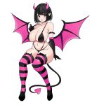  1girl absurdres arm_belt azmi_yudista bare_shoulders belt bikini black_belt black_bikini black_eyes black_gloves black_hair black_tail black_thighhighs black_wings blush bob_cut breasts cleavage collarbone commentary commission demon_girl demon_horns demon_tail demon_wings elbow_gloves full_body gloves gradient_tail highres horns huge_breasts light_smile lips looking_at_viewer medium_hair mole mole_above_mouth navel original pink_horns pink_tail pink_thighhighs pink_wings pointy_ears pulled_by_self simple_background solo stomach strap_pull striped_clothes striped_thighhighs swimsuit tail thighhighs thighs two-tone_tail two-tone_thighhighs two-tone_wings white_background wings 