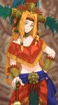  1girl aztec beads blonde_hair bracer breasts chin_piercing fate/grand_order fate_(series) green_eyes green_nails hair_beads hair_ornament headband headdress highres jewelry kdm_(ke_dama) large_breasts long_hair looking_at_viewer macuahuitl navel poncho quetzalcoatl_(fate) smile solo 