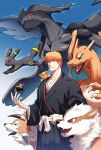  1boy animal_on_shoulder arcanine asure_(asure_twi) bleach blue_eyes brown_eyes charizard claws collarbone colored_sclera crossover dragon dragon_horns dragon_wings fangs gradient_background green_eyes hand_on_belt highres horns kurosaki_ichigo looking_at_animal luxury_ball lycanroc lycanroc_(dusk) obi open_mouth orange_hair pawmi poke_ball pokemon pokemon_(creature) red_sclera sash shihakusho size_difference smile spiked_hair tail umbreon white_sash wide_sleeves wings yellow_eyes zekrom 