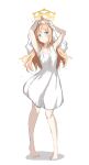  1girl alternate_costume animal_ears aqua_eyes armpits arms_up barefoot blue_archive blush cat_ears closed_mouth collarbone commentary dress drying drying_hair film_grain floating_hair frown hair_between_eyes halo head_tilt highres long_hair looking_at_viewer mari_(blue_archive) morishin546 orange_hair simple_background sleeveless sleeveless_dress solo standing sundress towel towel_on_head water_drop white_background white_dress yellow_halo 