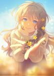  1girl aran_sweater bang_dream! blue_eyes blue_sky blush brown_hair brown_skirt brown_sweater cable_knit closed_mouth commentary day flower hair_flower hair_ornament highres long_hair looking_at_viewer outdoors qing_00129 reaching reaching_towards_viewer skirt sky smile solo sweater yamabuki_saya yellow_flower 